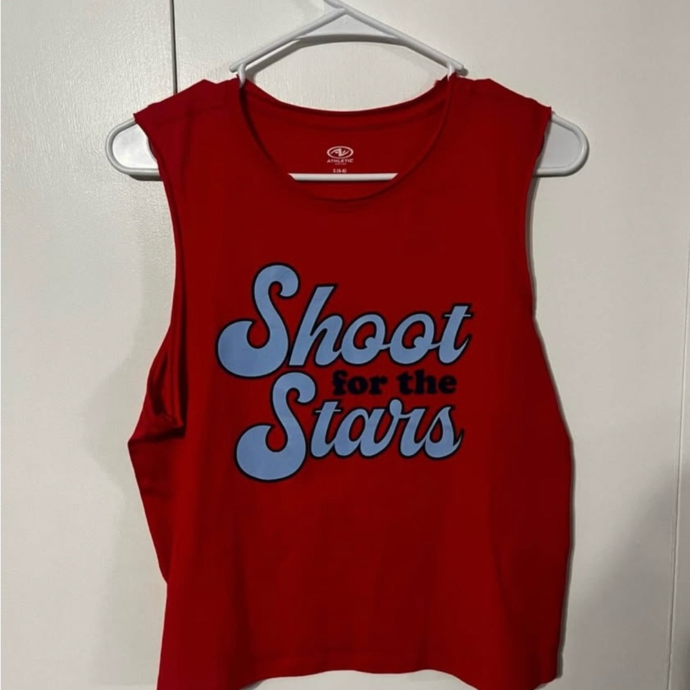 Red Sleeveless Top with Blue Graphic